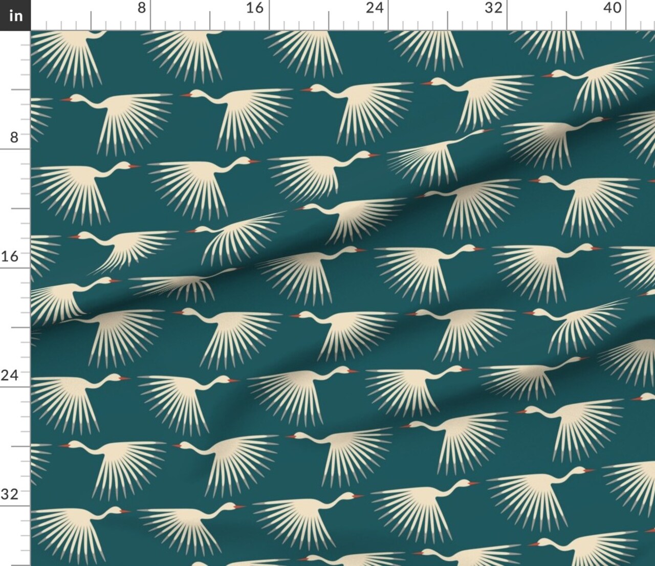 Birds Teal Art Deco Crane Fly Long Neck Wings Sunburst Animal Swan Feather Flair Cream Teal Orange Migration Modern Graphic Air Sky Flock Custom Printed Fabric by Spoonflower Various Fabrics by the Yard or Fat Quarter